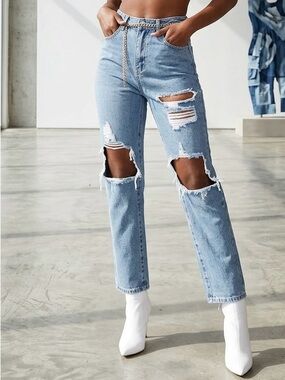 PrettyLittleThing Distressed High Rise Straight Leg Jeans - Sz 6- Mid Wash